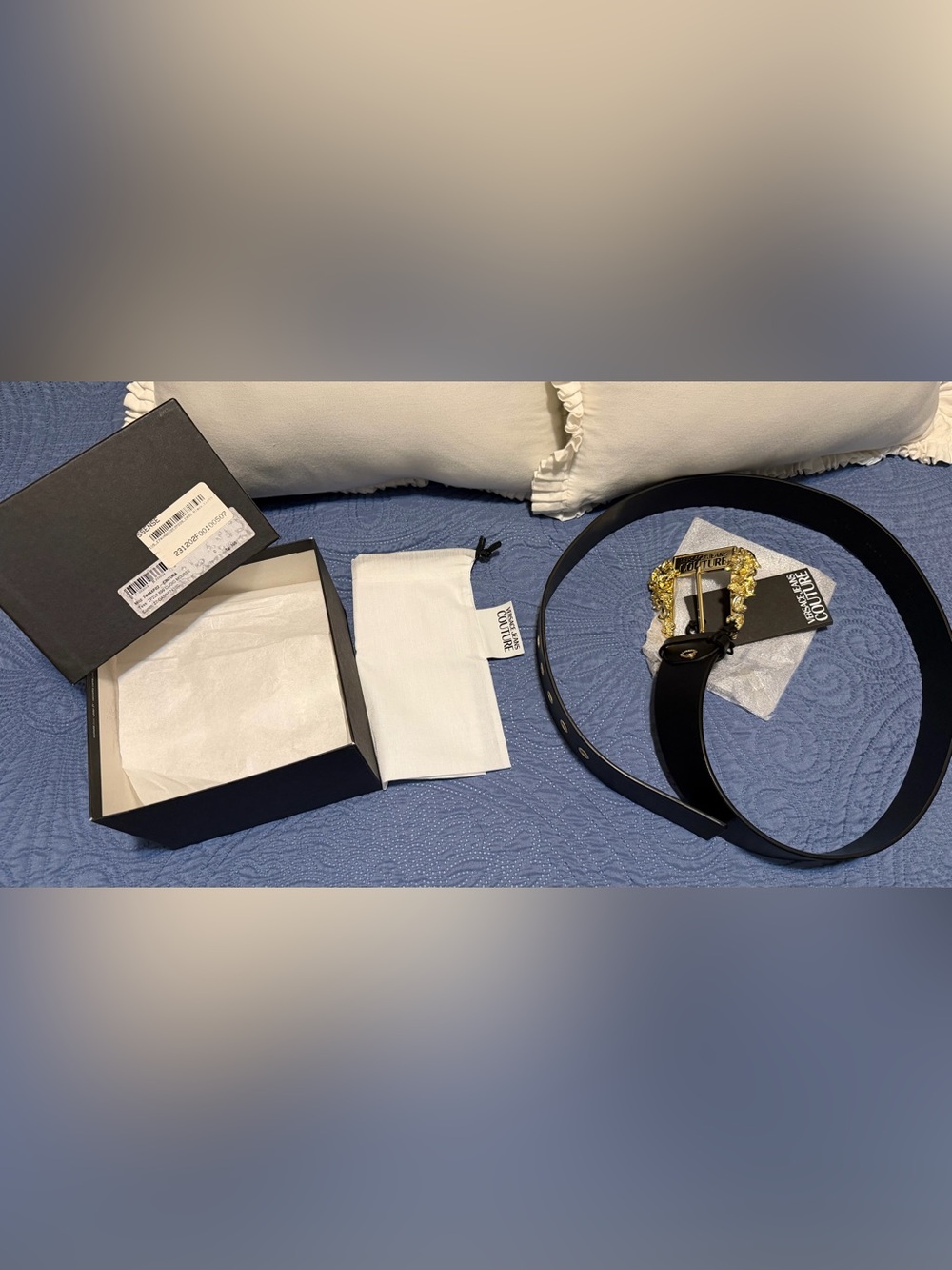 Versace Jeans Collection Black Leather Belt with Gold Ornate Buckle